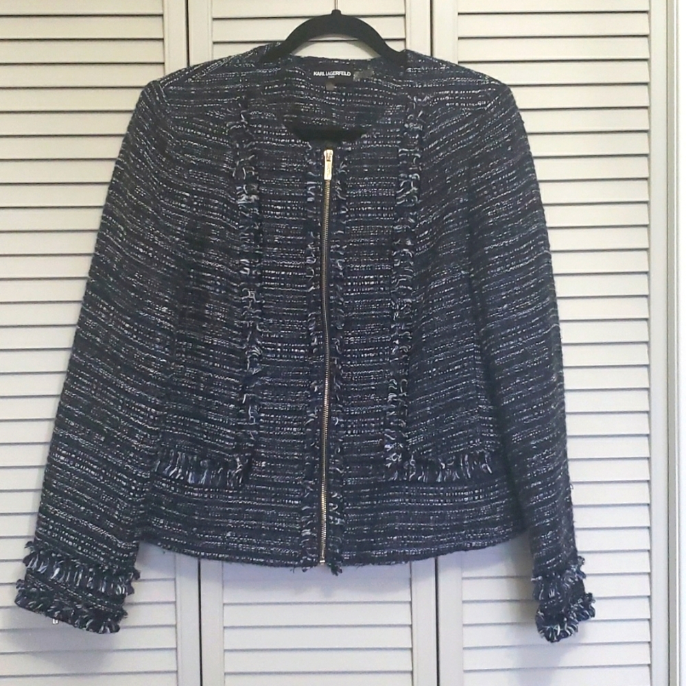 Karl Lagerfeld Boucle Zip Up Blazer, Navy, White, Size 14